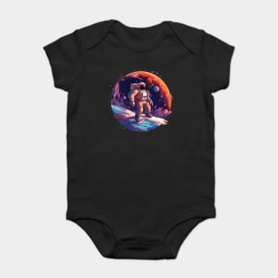 An astronaut standing in space on a rock with earth and mars in the background Baby Bodysuit